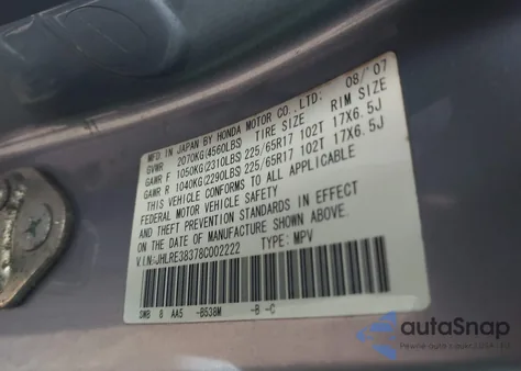 2008 Honda Cr-V Lx from USA, damaged, VIN JHLRE38378C002222